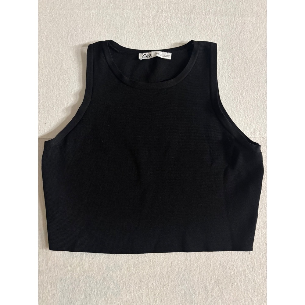 Zara Black Ribbed Knit Crop Tank Top Sleeveless Racerback Large